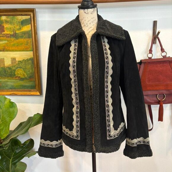 Vintage White Stag Black Leather Shearling Jacket Embroidered Western Boho Coat - Picture 2 of 7
